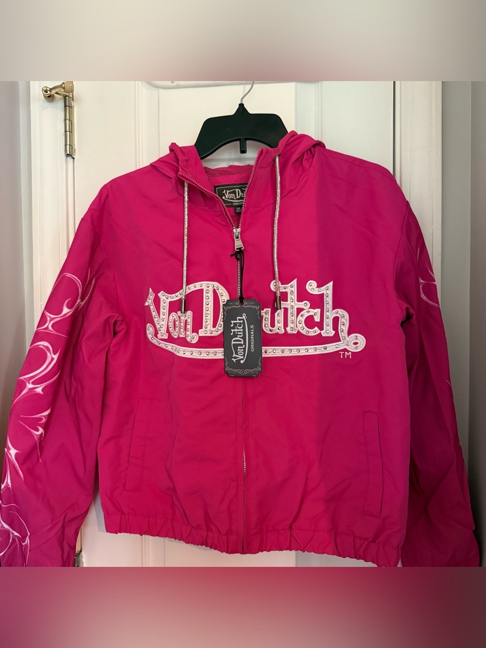 Von Dutch women’s Hot Pink Hooded Zip windbreaker Jacket with Logo med